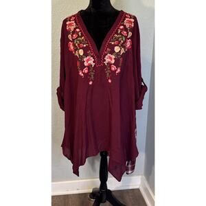 Plaid Floral 1/4 Button Neckline Flowy Asymetrical‎ Hem 3XL Andree Boho Shirt